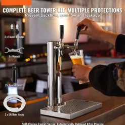 Dubbelkranar Fatölstornautomat, rostfritt stål, Kegerator Tower Kit med förmonterad slang och självstängande kran för fest och bar