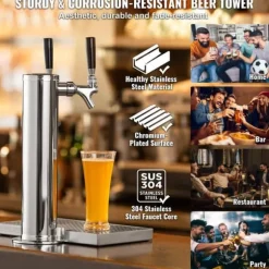 Dubbelkranar Fatölstornautomat, rostfritt stål, Kegerator Tower Kit med förmonterad slang och självstängande kran för fest och bar