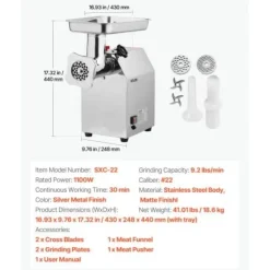 Elektrisk köttkvarn, 43x24,8x44 cm, rostfritt stål, kraftig