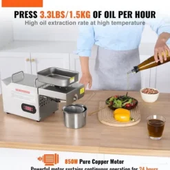Elektrisk oljepressmaskin, 850 W, rostfritt stål, justerbar temperatur 0-300 ℃ för pressning av jordnötter och sesamfrön.