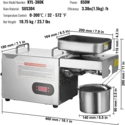 Elektrisk oljepressmaskin, 850 W, rostfritt stål, justerbar temperatur 0-300 ℃ för pressning av jordnötter och sesamfrön.