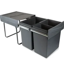 -Emuca återvinningsbehållare med nedre montering och manuell utdragning för köksdelar Recycle, 2x20 liter, Grå plast