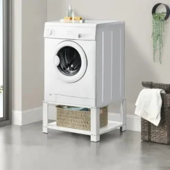 [en.casa]® Tvättmaskinsstativ-Förhöjningssockel-med hylla-63x54x31cm-pulverlackerat stål-vit-max. belastning:150 kg