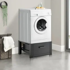 [en.casa]® Tvättmaskinstativ-Förhöjningssockel-med utdragbar låda-63x54x31cm-stål-svart-max150kg
