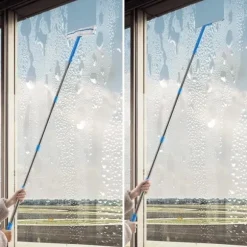 Fönsterskrapa med teleskophandtag (120 cm), fönsterputsare med silikonskrapa och mikrofiberborste, rengöringssats