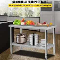 Förberedningsbord i rostfritt stål, 48x24x34 tum, 550 lbs kapacitet, tungt metallbord med justerbar hylla för kök och garage.