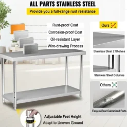 Förberedningsbord i rostfritt stål, 48x24x34 tum, 550 lbs kapacitet, tungt metallbord med justerbar hylla för kök och garage.