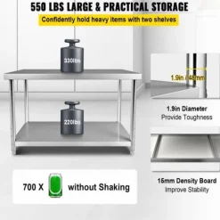 Förberedningsbord i rostfritt stål, 48x24x34 tum, 550 lbs kapacitet, tungt metallbord med justerbar hylla för kök och garage.