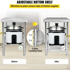 Förberedningsbord i rostfritt stål, 48x24x34 tum, 550 lbs kapacitet, tungt metallbord med justerbar hylla för kök och garage.