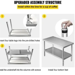 Förberedningsbord i rostfritt stål, 48x24x34 tum, 550 lbs kapacitet, tungt metallbord med justerbar hylla för kök och garage.