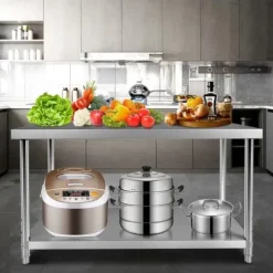 Förberedningsbord i rostfritt stål, 48x24x34 tum, 550 lbs kapacitet, tungt metallbord med justerbar hylla för kök och garage.