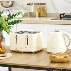 Frukostset, vattenkokare och brödrost, 24.2x19.5x23.4 cm, beige, plast