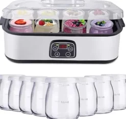 Fuleadture Elektrisk Yoghurtmaskin, LCD Display, Timer & Temperaturinställning, 8 Glas à 1400 ml, 25 W