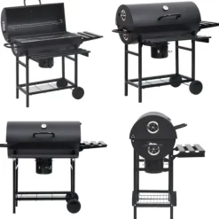 Grilltunna med hjul och bord svart stål 115x85x95 cm - Kolgrill - Kolgrillar - Home & Living