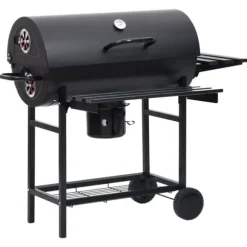 Grilltunna med hjul och bord svart stål 115x85x95 cm - Kolgrill - Kolgrillar - Home & Living