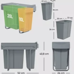 HOMCOM Utdragbar Sopkorg för Underskåp, Köksbehållare med 2 Hinkar (20L+10L), Metall/Plast, Grå