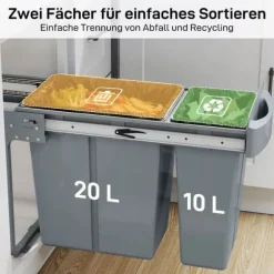 HOMCOM Utdragbar Sopkorg för Underskåp, Köksbehållare med 2 Hinkar (20L+10L), Metall/Plast, Grå