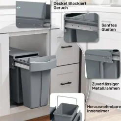HOMCOM Utdragbar Sopkorg för Underskåp, Köksbehållare med 2 Hinkar (20L+10L), Metall/Plast, Grå