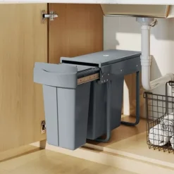 HOMCOM Utdragbar Sopkorg för Underskåp, Köksbehållare med 2 Hinkar (20L+10L), Metall/Plast, Grå