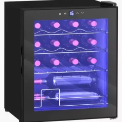 HOMCOM Vinkyl 16 flaskor – Svart Metall – Pekskärm med LED-ljus och Glasdörr