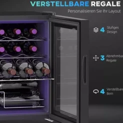 HOMCOM Vinkyl 16 flaskor – Svart Metall – Pekskärm med LED-ljus och Glasdörr