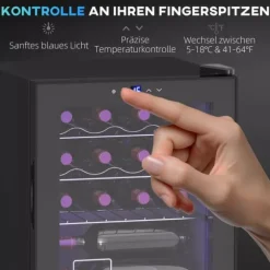 HOMCOM Vinkyl 16 flaskor – Svart Metall – Pekskärm med LED-ljus och Glasdörr