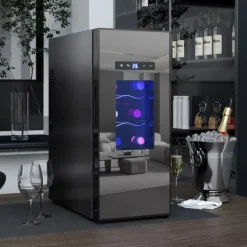 HOMCOM Vinkyl 12 Flaskor 30L 8-18°C Termoelektrisk Flaskkyl med Glasdörr, Dryckeskyl med LED-lampa, Svart Metall