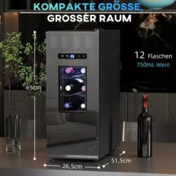 HOMCOM Vinkyl 12 Flaskor 30L 8-18°C Termoelektrisk Flaskkyl med Glasdörr, Dryckeskyl med LED-lampa, Svart Metall