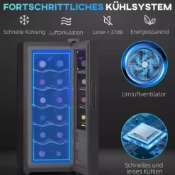 HOMCOM Vinkyl 12 Flaskor 30L 8-18°C Termoelektrisk Flaskkyl med Glasdörr, Dryckeskyl med LED-lampa, Svart Metall