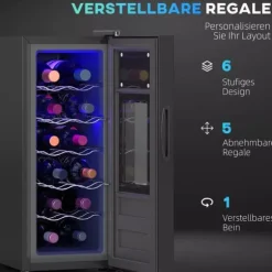 HOMCOM Vinkyl 12 Flaskor 30L 8-18°C Termoelektrisk Flaskkyl med Glasdörr, Dryckeskyl med LED-lampa, Svart Metall