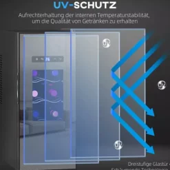 HOMCOM Vinkyl 12 Flaskor 30L 8-18°C Termoelektrisk Flaskkyl med Glasdörr, Dryckeskyl med LED-lampa, Svart Metall