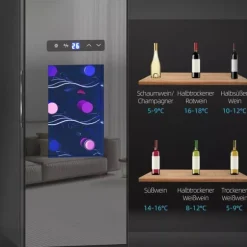 HOMCOM Vinkyl 12 Flaskor 30L 8-18°C Termoelektrisk Flaskkyl med Glasdörr, Dryckeskyl med LED-lampa, Svart Metall
