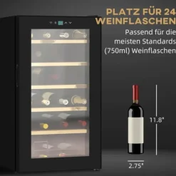 HOMCOM Vinkylskåp, 65 L Dryckeskyl för 24 Flaskor, Flaskkyl, Vinklimaskåp med Invändig Belysning, 5-20°C, Touch, Svart