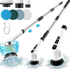7-i-1 Elektrisk Rengöringsborste – Sladdlös, med 7 Utbytbara Borsthuvuden, Justerbart Handtag & Type-C Laddning