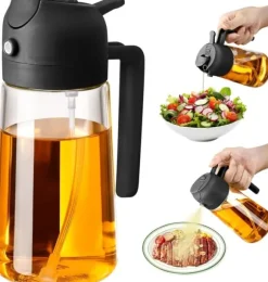 2-i-1 oljedispenser och oljesprayflaska, grilltillbehör, olivoljedispenser, matlagningsspray, 470 ml (svart)