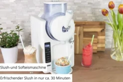 2-i-1 slush- och mjukglassmaskin SOFIE (vit, för 1 500 ml slush eller mjukglass, 150 watts kompressor)