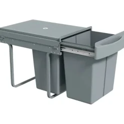 Inbyggd soptunna för underskåp - Utdragbar dubbel modell - 2x20 L - 2 Avtagbara behållare - Smidigt utdrag - Lock med diamantmönster - Grå