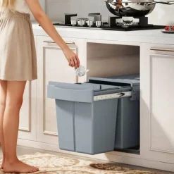 Inbyggd soptunna för underskåp - Utdragbar dubbel modell - 2x20 L - 2 Avtagbara behållare - Smidigt utdrag - Lock med diamantmönster - Grå