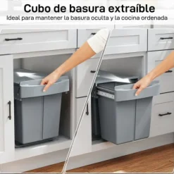 Inbyggd soptunna för underskåp - Utdragbar dubbel modell - 2x20 L - 2 Avtagbara behållare - Smidigt utdrag - Lock med diamantmönster - Grå