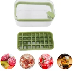 Isbitsform med lätt öppning, plast, 32 galler, isbricka med lock, skopa för frys, grön