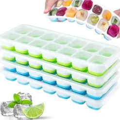 Iskubbrickor i silikon med lock, platsbesparande och stapelbara, Lätt att ta bort fyrkantiga iskubbrickor, blå/grön, 4-pack