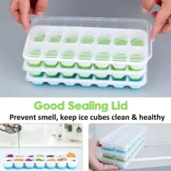 Iskubbrickor i silikon med lock, platsbesparande och stapelbara, Lätt att ta bort fyrkantiga iskubbrickor, blå/grön, 4-pack
