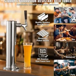 Kegerator Tower Kit, Enkelt Tap Beer Konverteringskit, Rostfritt Stål Keg Beer Tower Dispenser med Dual Gauge W21.8 Regulator & S-System Keg