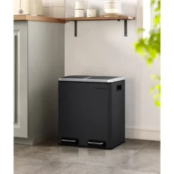 Köksavfallstunna, 2 x 15 L stålavfallstunna, trappstegstunna med innerhinkar och handtag, mjuk stängning, lukttätning, svart LTB30BK