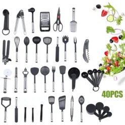 Köksredskap set - Matlagningsredskap 40 delar - Nylon & rostfritt stål - För matlagning & bakning - Rörning - Svart