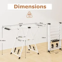 Klädställ, Hopfällbar Metalltvättställ, 141x56x99-148 cm, Vit