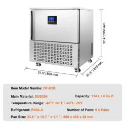Kommersiell blastfrys 114L, 5 fack, blast chiller för skaldjur och gelato, effektiv nedkylning, energibesparande köksutrustning