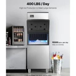 Kommersiell Ismaskin, 400 LBS/24H Modell, 300 LBS Förvaringsbehållare, Automatisk Självrengöringsfunktion