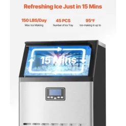 Kommersiell ismaskin, Fristående skåpmaskin, Kapacitet 150 lbs/24H, 45 isbitar per cykel