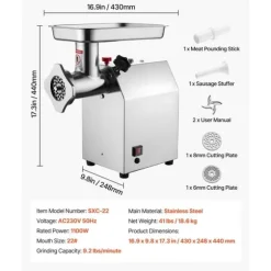 Köttkvarn, Hög Effekt Motor, Lätta att Rengöra Tillbehör,9.2lbs 22storlek